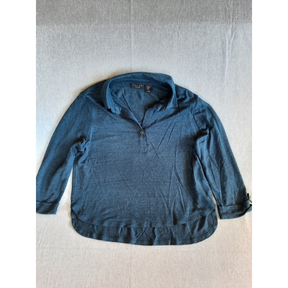 Tahari Women Medium Pure Linen Roll-tab Long-sleeve Solid Navy Blue Polo Shirt‎